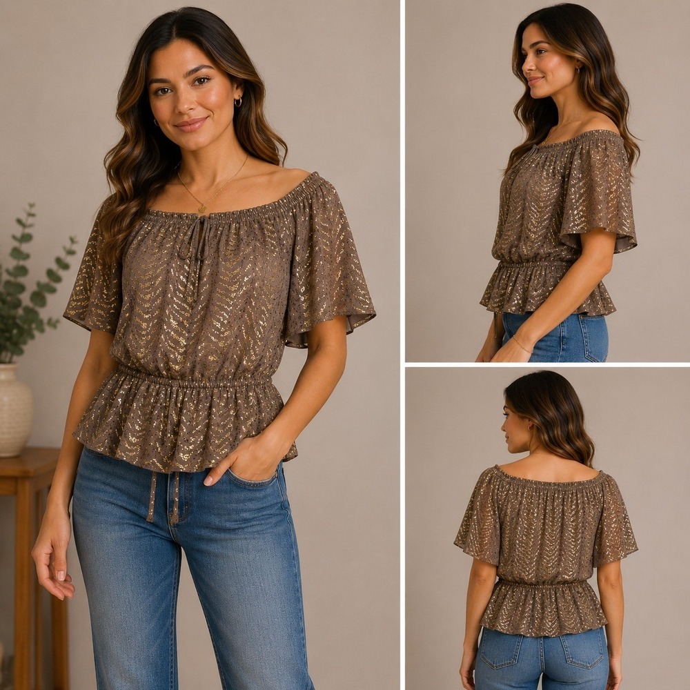 White House Black Market Blouse Womens XS Brown NEW Gold Foil Off Shoulder 3836